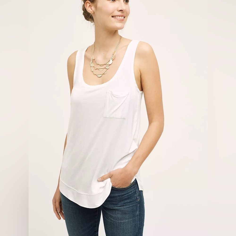 Anthropologie White Luna Tank Front Pocket Silky Contrasting Trim - Size M